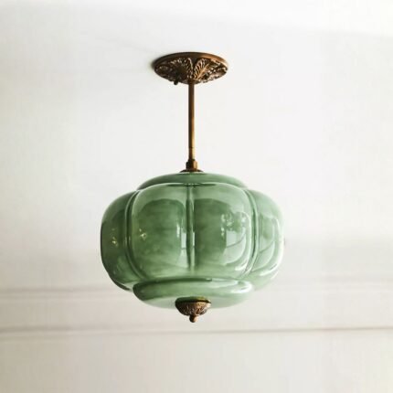ELOISE GREEN MILK GLASS SCALLOPED SEMI FLUSH MOUNT LIGHT WITH BRASS
