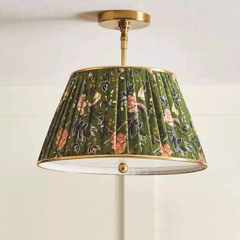 LEE BRASS 16" RUCHED PRINTED SEMI FLUSH MOUNT LIGHT IN GREEN