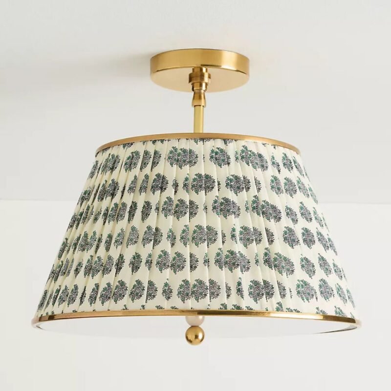 LEE BRASS 16" RUCHED PRINTED SEMI FLUSH MOUNT LIGHT WITH FLORAL SHADE