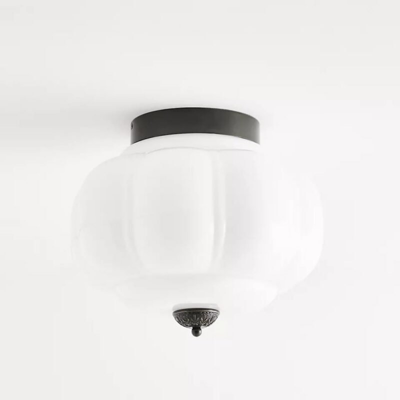 THE ELOISE WHITE MILK GLASS SCALLOP FLUSH MOUNT CEILING LIGHT WITH BLACK