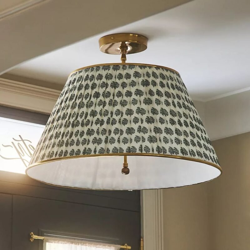 LEE BRASS 24 INCH RUCHED FLORAL PRINTED SEMI FLUSH MOUNT PENDANT LIGHT