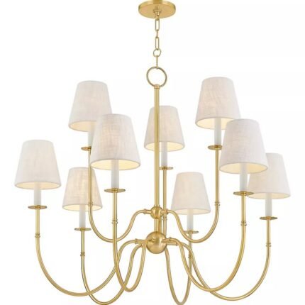 AMINA 9 LIGHT AGED BRASS CHANDELIER WITH LINEN SHADES