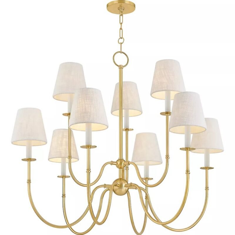 AMINA 9 LIGHT AGED BRASS CHANDELIER WITH LINEN SHADES