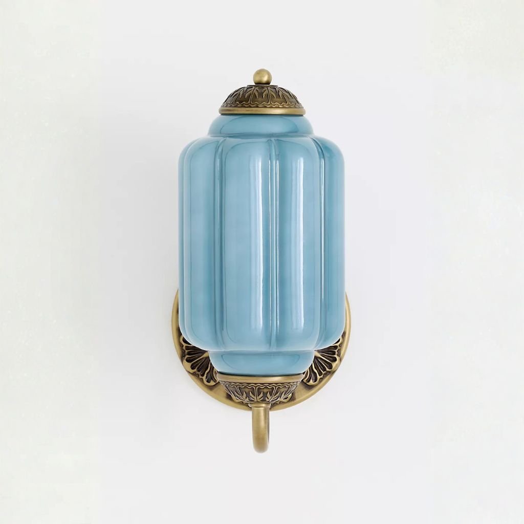 THE ELOISE SCALLOP BLUE GLASS SCONCE WALL LIGHT BRASS THE ELOISE SCALLOP BLUE GLASS SCONCE WALL LIGHT BRASS