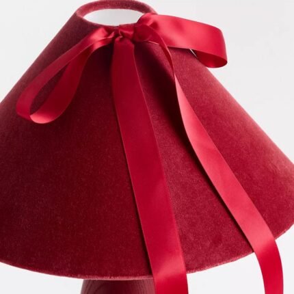 RED BOSETTE TABLE LAMP WITH BOW DETAIL, VELVET, AND WOOD