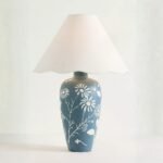 EMBER TABLE LAMP WITH CARVED CERAMIC BASE AND SCALLOP SHADE