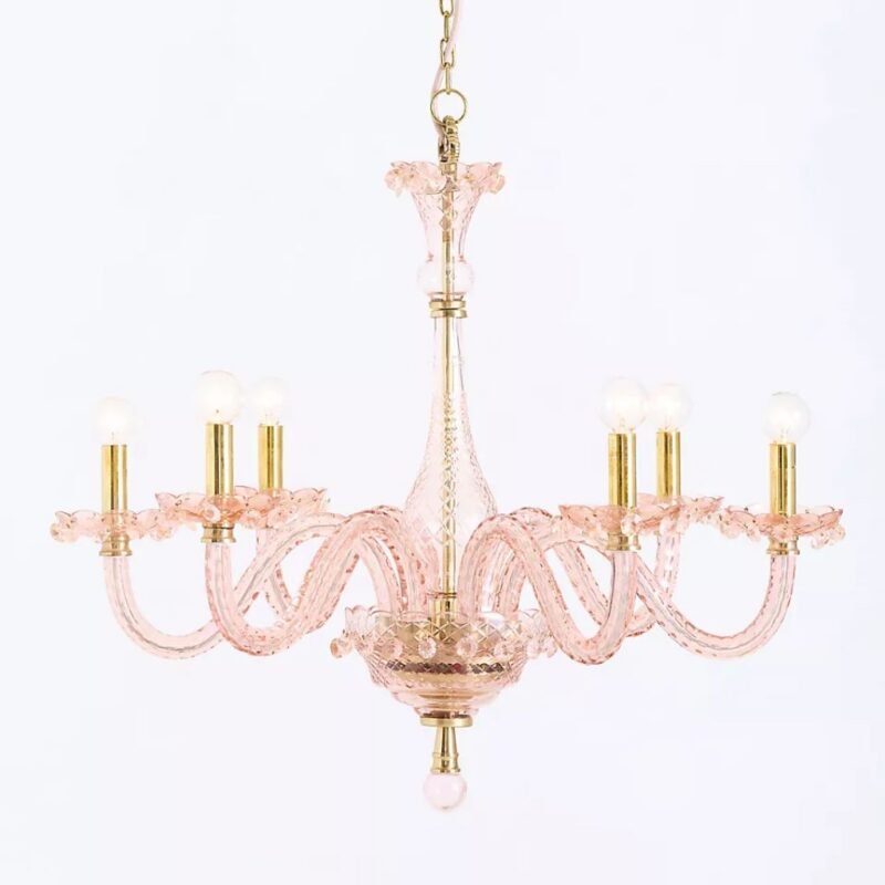PINK VENETIAN INSPIRED COLORED GLASS SIX ARM CHANDELIER