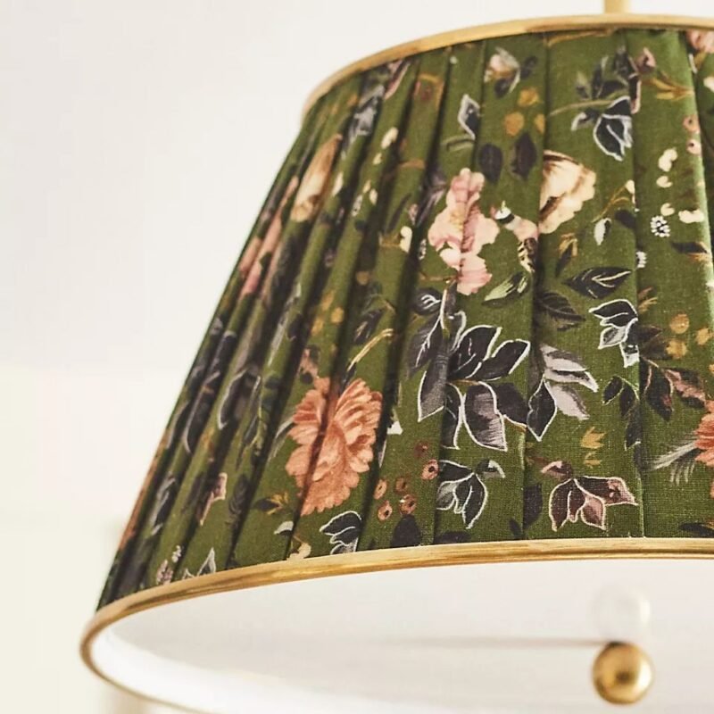 LEE 16" BRASS SEMI FLUSH MOUNT LIGHT WITH GREEN RUCHED PRINTED SHADE