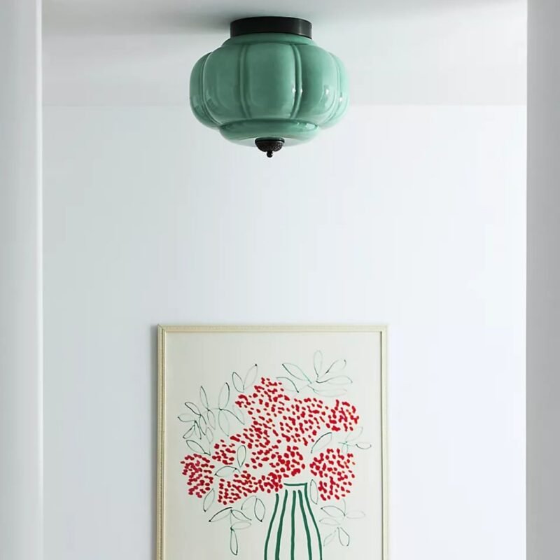 THE ELOISE SCALLOPED GREEN MILK GLASS FLUSH MOUNT LIGHT WITH BLACK FINISH