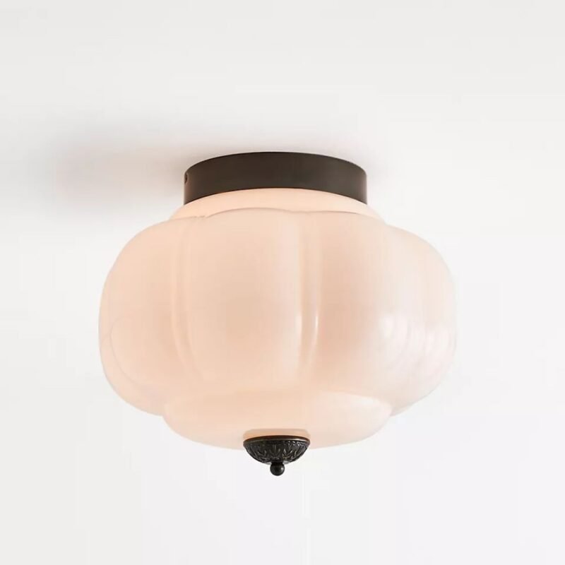 THE ELOISE SCALLOPED WHITE MILK GLASS FLUSH MOUNT LIGHT WITH BLACK FINISH