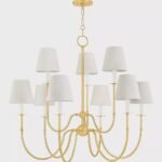 AMINA AGED BRASS 9 LIGHT CHANDELIER WITH LINEN SHADES