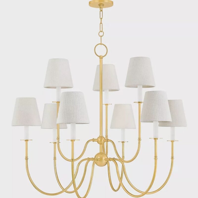 AMINA AGED BRASS 9 LIGHT CHANDELIER WITH LINEN SHADES