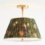 LEE GREEN RUCHED PRINTED SHADE SEMI FLUSH MOUNT LIGHT WITH BRASS
