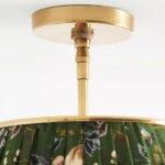 LEE BRASS SEMI FLUSH MOUNT CEILING LIGHT WITH GREEN RUCHED SHADE