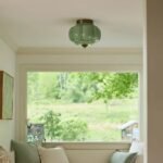 THE ELOISE GREEN FLUSH MOUNT LIGHT WITH SCALLOP MILK GLASS SHADE