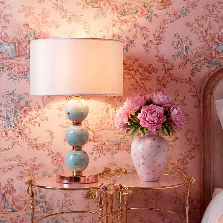 BUTTERFLY SPHERE TABLE LAMP AQUAMARINE with three stacked aquamarine porcelain spheres in high-relief butterfly motifs and 24ct gold on a gold-plated brass base BUTTERFLY SPHERE TABLE LAMP AQUAMARINE with three stacked aquamarine porcelain spheres in high-relief butterfly motifs and 24ct gold on a gold-plated brass base
