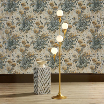 ROSSVILLE TREE FLOOR LAMP with four frosted glass globe lights and arching leaf-shaped arms