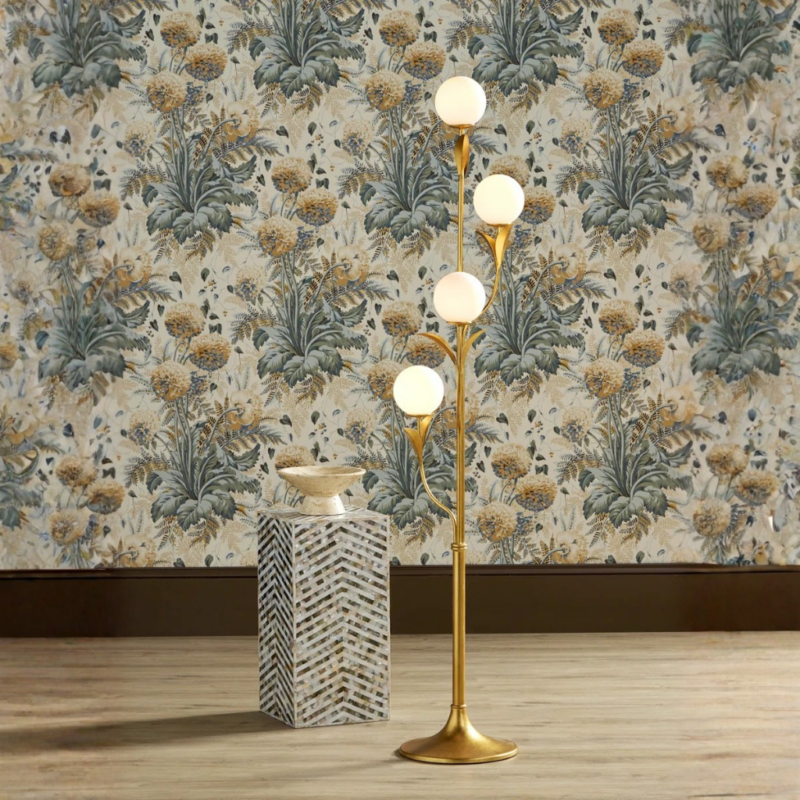 ROSSVILLE TREE FLOOR LAMP with four frosted glass globe lights and arching leaf-shaped arms