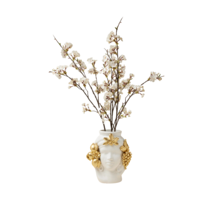 CECI VASE BY STEFANIA BOEMI for Pratesi with classical female face, gold leaf botanical crown and gilt fruit details