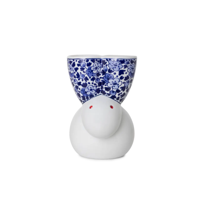 DELFT BLUE RABBIT VASE BY MARCEL WANDERS in white matte porcelain with blue and white floral Delft bowl and red gem eyes