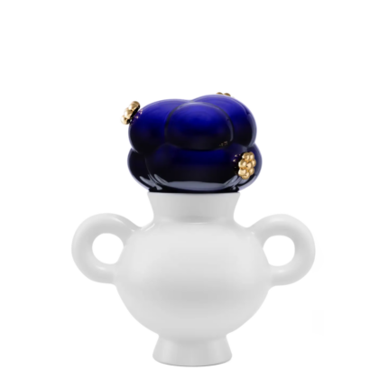 DELFT BLUE AMPHORA VASE BY MARCEL WANDERS with white loop handles, glossy cobalt blue lobed crown and gold ball cluster accents