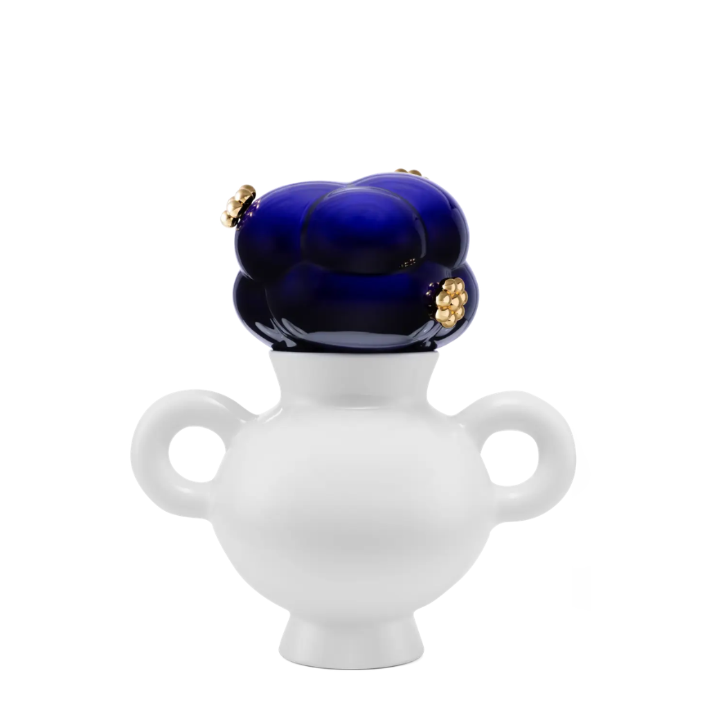 DELFT BLUE AMPHORA VASE BY MARCEL WANDERS with white loop handles, glossy cobalt blue lobed crown and gold ball cluster accents DELFT BLUE AMPHORA VASE BY MARCEL WANDERS with white loop handles, glossy cobalt blue lobed crown and gold ball cluster accents