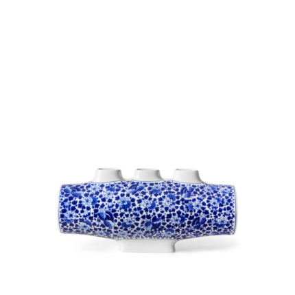 DELFT BLUE BARREL VASE BY MARCEL WANDERS fully covered in cobalt floral Delft pattern with three top stem openings