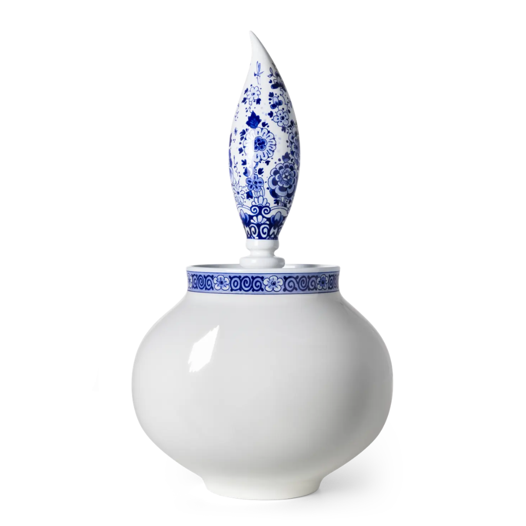 DELFT BLUE GLOBE VASE BY MARCEL WANDERS with cobalt blue scroll collar and tall flame-shaped Delft floral finial stopper DELFT BLUE GLOBE VASE BY MARCEL WANDERS with cobalt blue scroll collar and tall flame-shaped Delft floral finial stopper