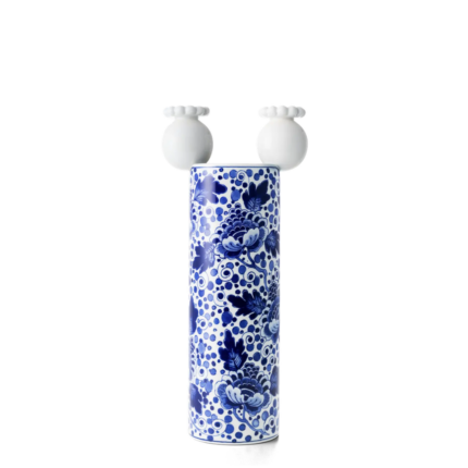 DELFT BLUE CYLINDER VASE BY MARCEL WANDERS covered in cobalt peony Delft pattern with two white matte globe finials and scalloped rims