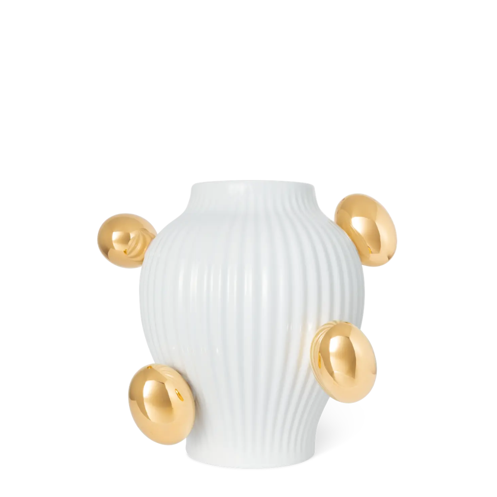 DELFT WHITE RIBBED VASE BY MARCEL WANDERS with four large oversized glossy gold spherical orbs protruding from the body DELFT WHITE RIBBED VASE BY MARCEL WANDERS with four large oversized glossy gold spherical orbs protruding from the body