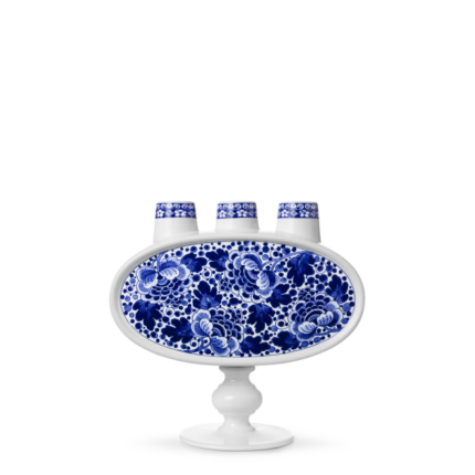 DELFT BLUE TRIPLE TULIP VASE BY MARCEL WANDERS, cobalt blue floral porcelain with three spouts and pedestal base