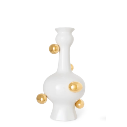 DELFT WHITE GOLD ORB VASE BY MARCEL WANDERS with five polished gold spheres, elongated neck and bulbous body, flared base