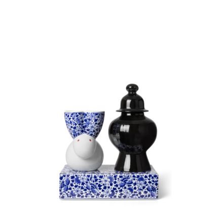 DELFT DUO VASE SET BY MARCEL WANDERS t with white character figure and black ginger jar on cobalt blue floral tray