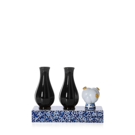 DELFT TRIO VASE SET BY MARCEL WANDERS with two black baluster vases and white gold-flowered character on cobalt blue floral tray