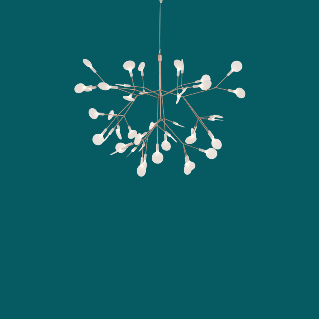 HERACLEUM COPPER PENDANT LIGHT BY BERTJAN POT, rose-gold wire branches with white leaf-shaped polycarbonate lenses HERACLEUM COPPER PENDANT LIGHT BY BERTJAN POT, rose-gold wire branches with white leaf-shaped polycarbonate lenses