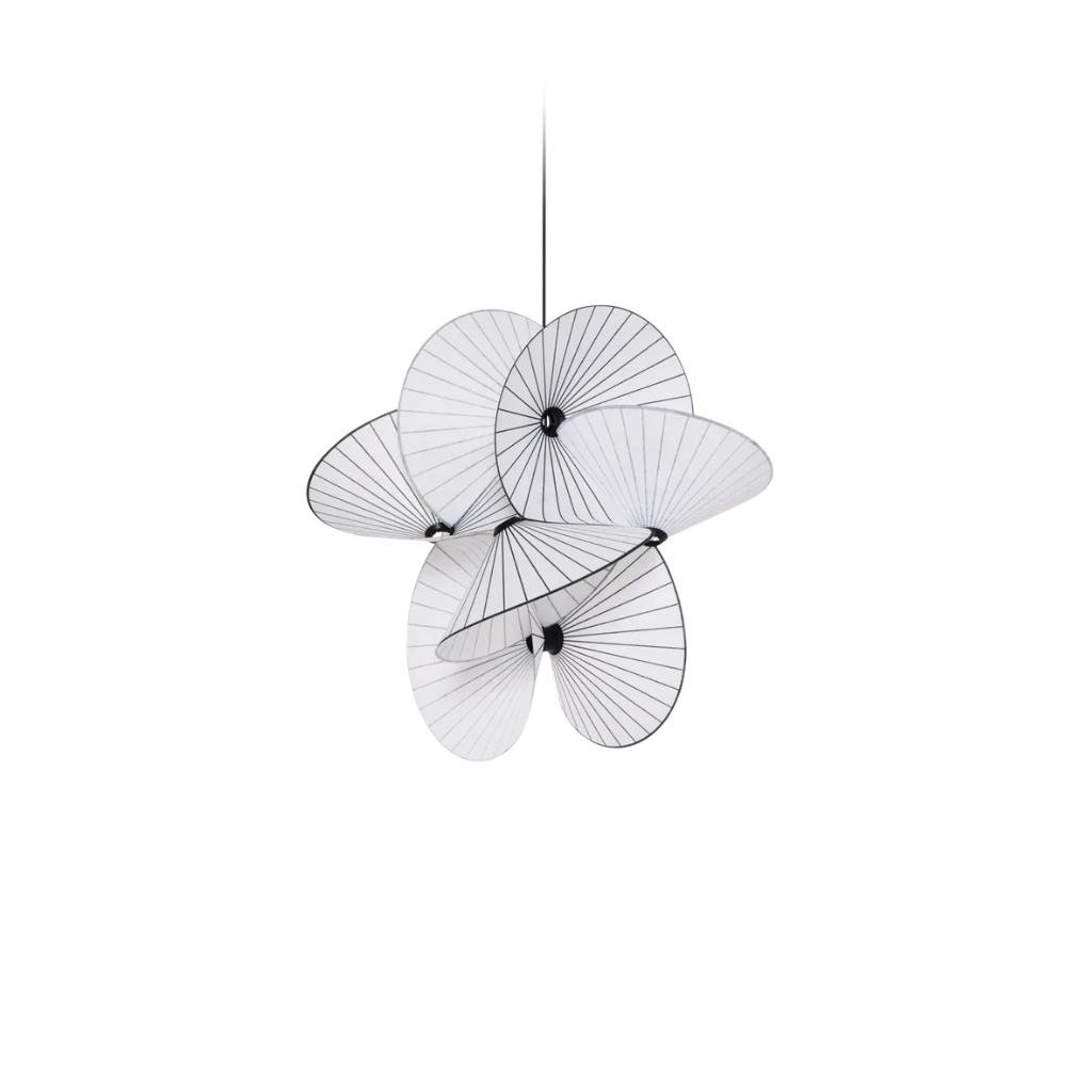 SERPENTINE LIGHT BY FRONT, five overlapping flat oval fan PES shades with black radiating spokes SERPENTINE LIGHT BY FRONT, five overlapping flat oval fan PES shades with black radiating spokes