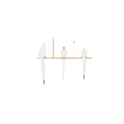 PERCH PENDANT LIGHT BRANCH BY UMUT YAMAC perched on a horizontal brushed brass bar chandelier against a white background