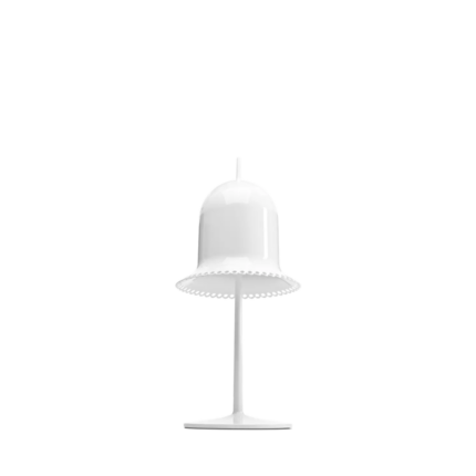 LOLITA WHITE TABLE LAMP BY NIKA ZUPANC with scalloped lace-edge shade on a slender white stem and disc base