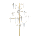 PERCH TREE CHANDELIER BY UMUT YAMAC with white origami birds across tiered brass horizontal arms on a central vertical brass pole