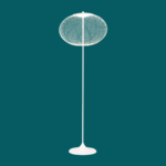 NR2 WHITE FLOOR LAMP BY BERTJAN POT on a slender white powdercoated steel stand against a teal background