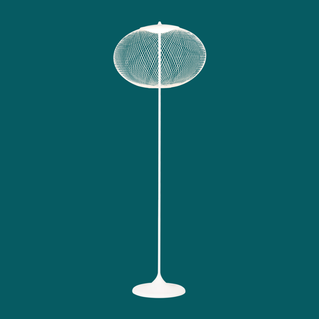 NR2 WHITE FLOOR LAMP BY BERTJAN POT on a slender white powdercoated steel stand against a teal background NR2 WHITE FLOOR LAMP BY BERTJAN POT on a slender white powdercoated steel stand against a teal background