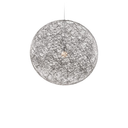 RANDOM BLACK PENDANT LIGHT BY BERTJAN POT fibreglass woven sphere pendant light hanging from a chromed steel cord against white background