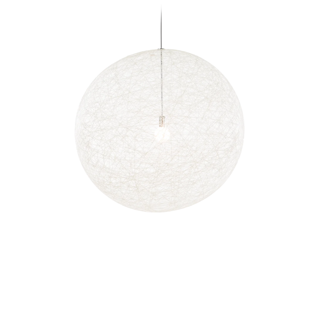 RANDOM WHITE PENDANT LIGHT BY BERTJAN POT fibreglass woven sphere pendant light hanging from a chromed steel cord RANDOM WHITE PENDANT LIGHT BY BERTJAN POT fibreglass woven sphere pendant light hanging from a chromed steel cord