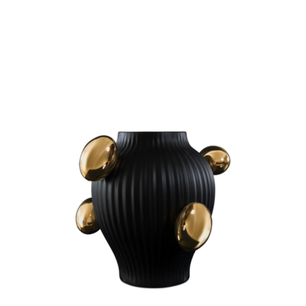 DELFT BLACK RIBBED VASE BY MARCEL WANDERS — matte black ribbed porcelain vase with polished gold sphere protrusions