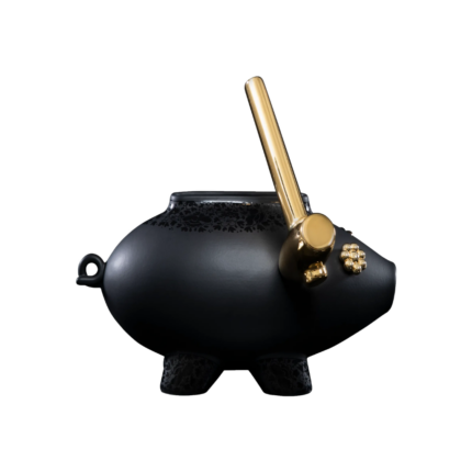 DELFT PIGGY VASE BY MARCEL WANDERS — black porcelain pig with gold bat and crystal details