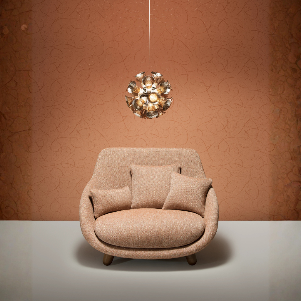LOVE HIGHBACK SOFA BY MARCEL WANDERS in terracotta woven fabric with sculpted high back, two cushions, and rounded wooden legs LOVE HIGHBACK SOFA BY MARCEL WANDERS in terracotta woven fabric with sculpted high back, two cushions, and rounded wooden legs