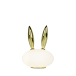 RABBIT PET TABLE LAMP BY MARCEL WANDERS — frosted opal blown glass oval body with two tall polished gold gilded porcelain rabbit ears and circular gold base
