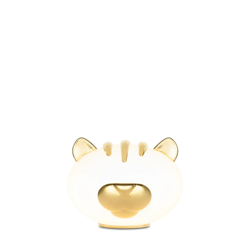 TIGER PET TABLE LAMP BY MARCEL WANDERS - glass round body with gold porcelain ears, five vertical stripe markings, and a prominent rounded gold muzzle
