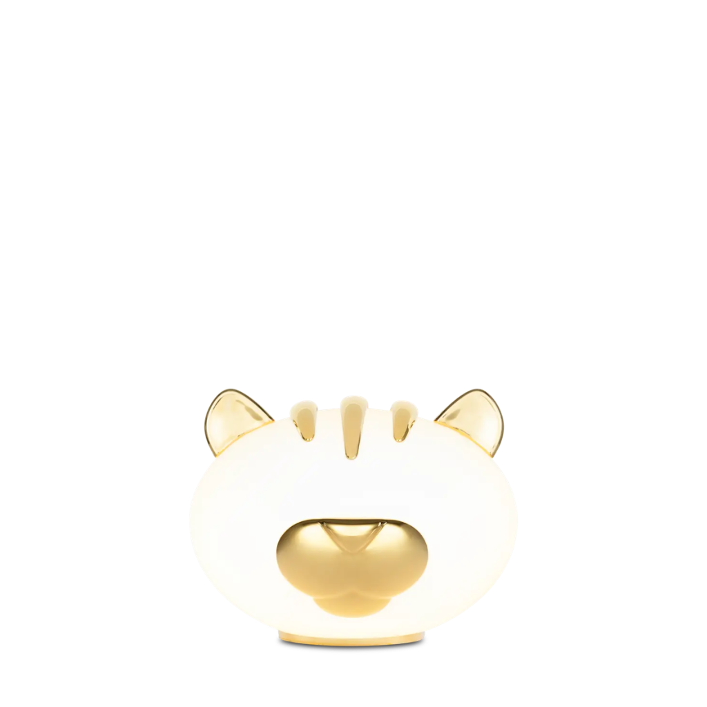 TIGER PET TABLE LAMP BY MARCEL WANDERS - glass round body with gold porcelain ears, five vertical stripe markings, and a prominent rounded gold muzzle TIGER PET TABLE LAMP BY MARCEL WANDERS - glass round body with gold porcelain ears, five vertical stripe markings, and a prominent rounded gold muzzle