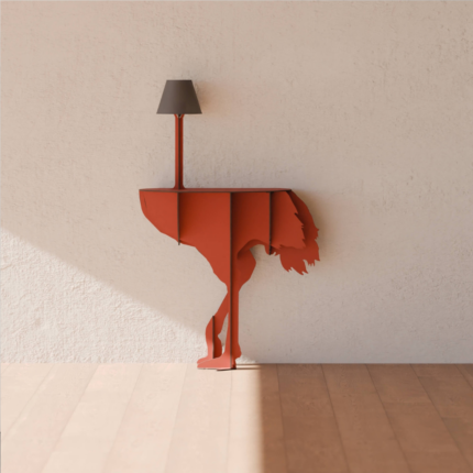 TERRACOTA OSTRICH WALL LAMP by Rachel & Benoît Convers — flat cut terracotta ostrich body with slim pole and dark lamp shade, against a warm cream plaster wall